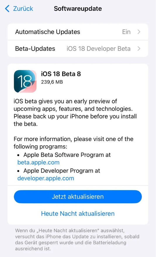 西市苹果手机维修分享苹果 iOS / iPadOS 18 开发者预览版 Beta 8 发布 